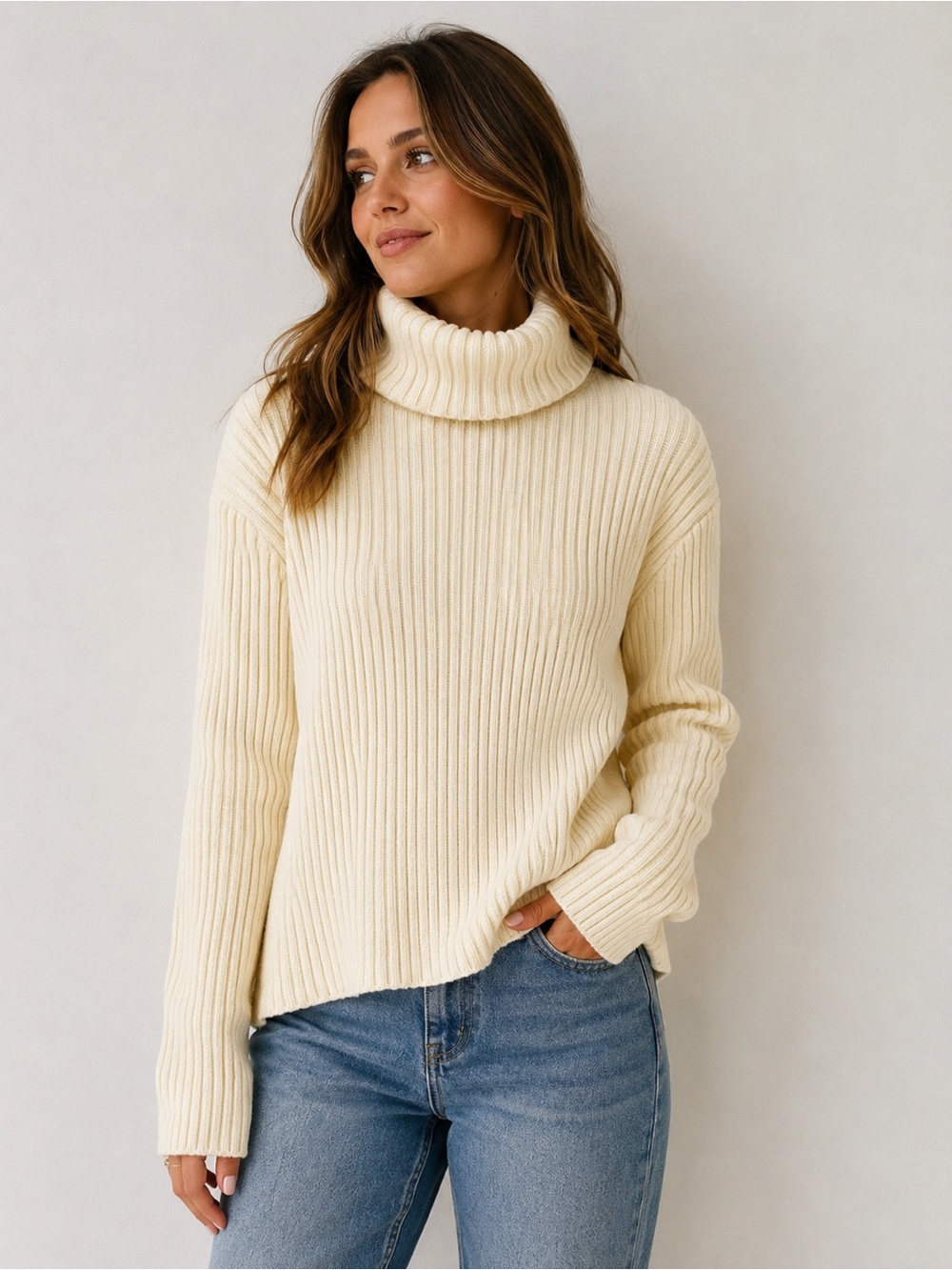 Eddie Bauer Butter Yellow Ribbed Cotton Blend Turtleneck Sweater | Size Large